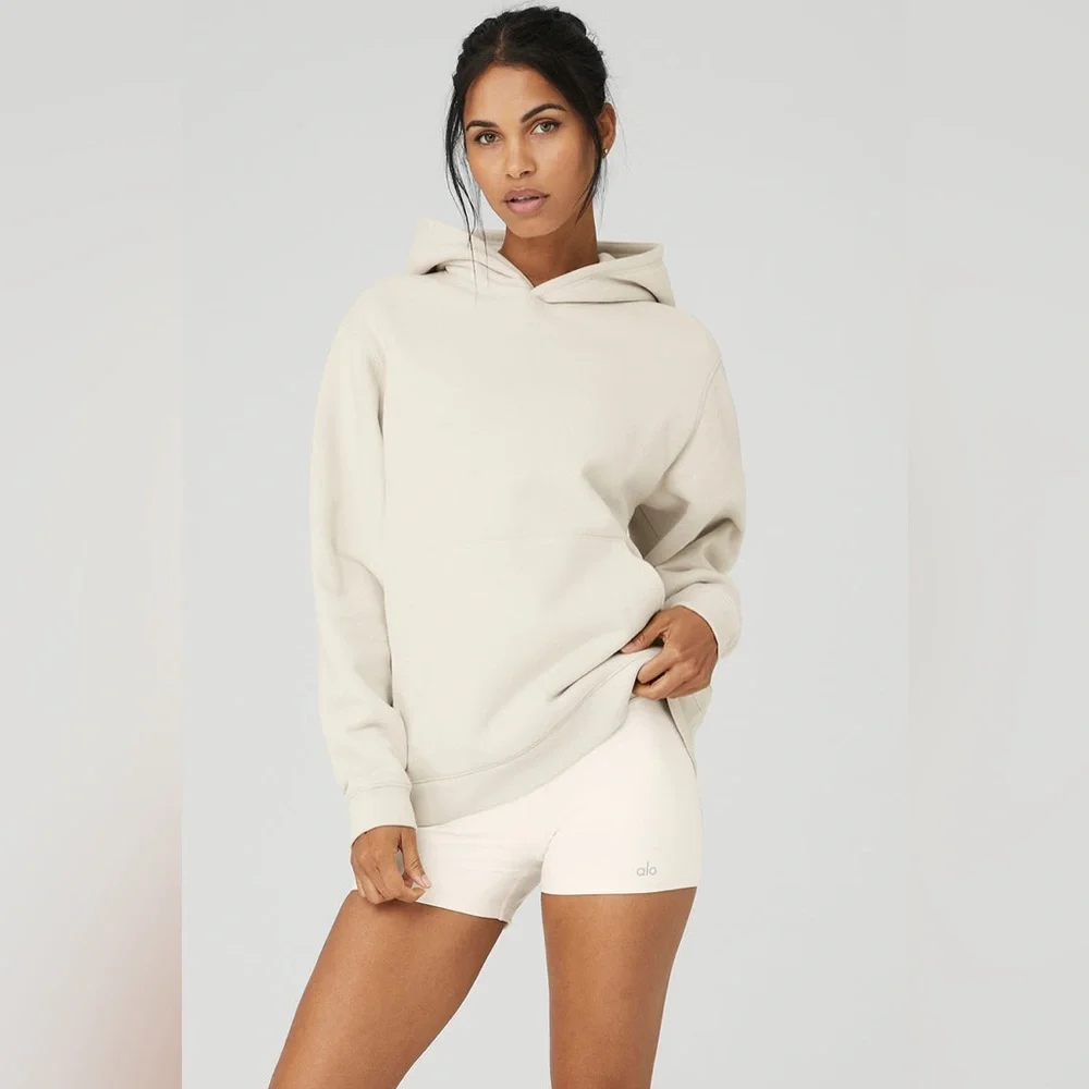 ALO YOGA Renown Heavy Weight Hoodie Sweatshirt Bone Ivory Small